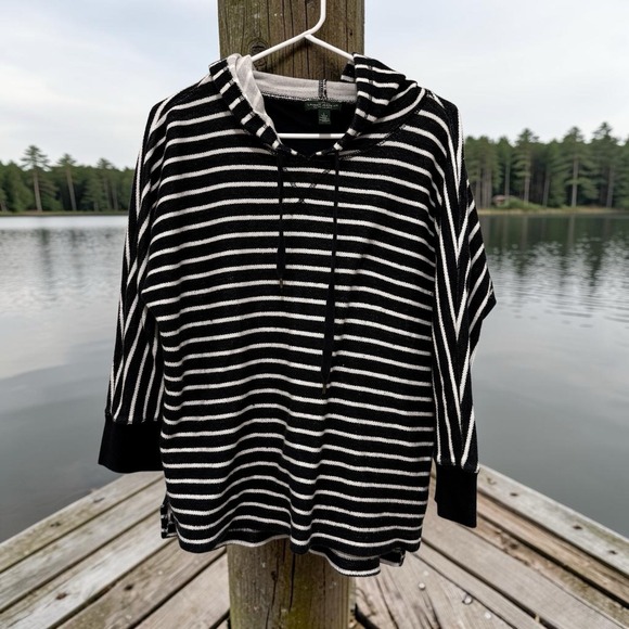 Lauren Jeans Company Tops - Lauren Jeans Co Navy White Striped 100% Cotton Hoodie Fisherman Preppy Sz Large